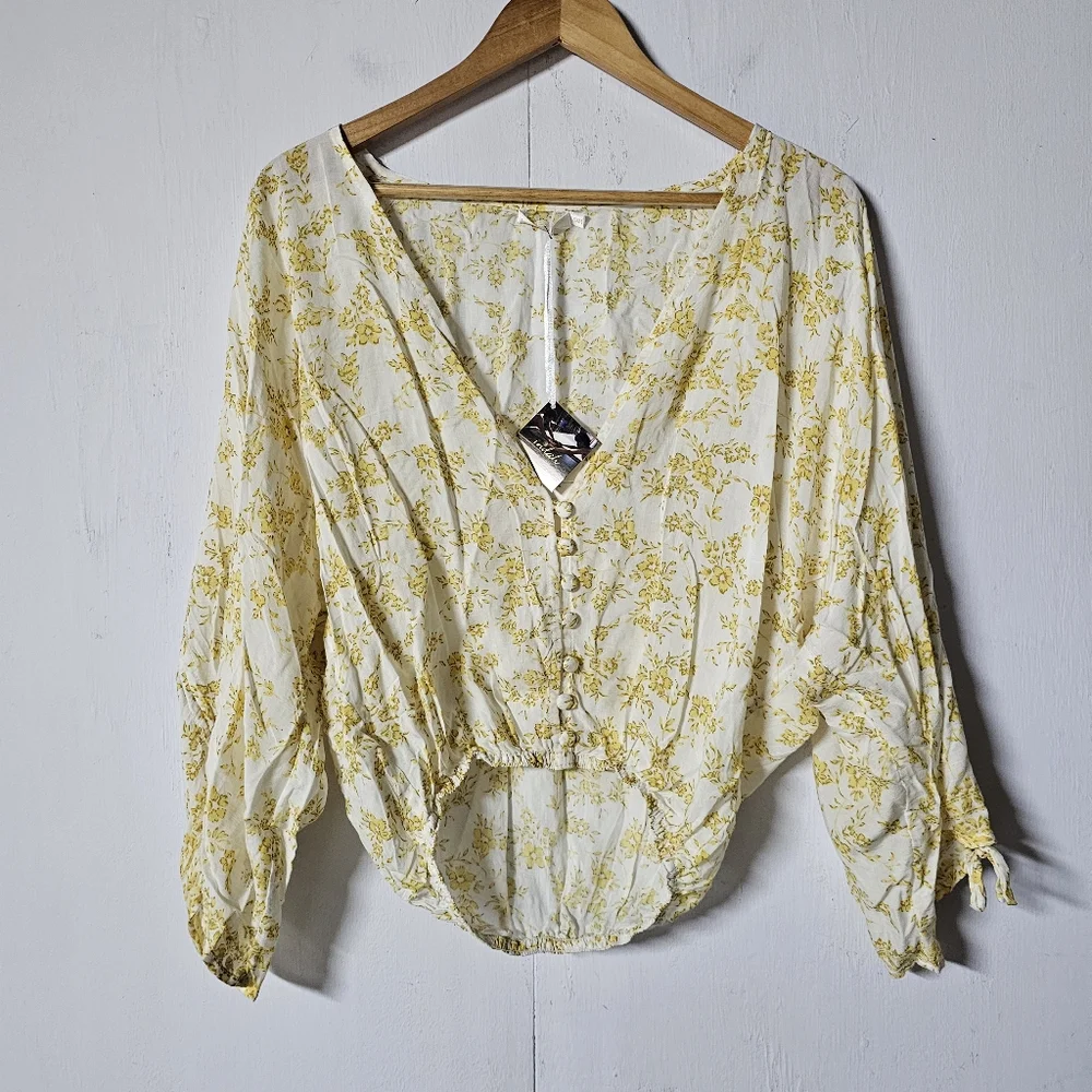 INDAH Dawn sz Small Yellow floral Print Top Button Down Rayon Long Sleeve Shirt - Picture 10 of 10